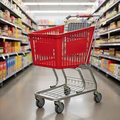 Red Plastic Supermarket Shopping Trolley Featuring 4inch Castor Non Foldable Perfect for Retail Grocery Transport and Handling