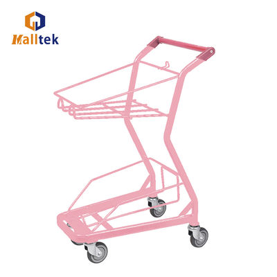 Pink Metal Supermarket Shopping Trolley With Two Baskets For Retail Grocery Store